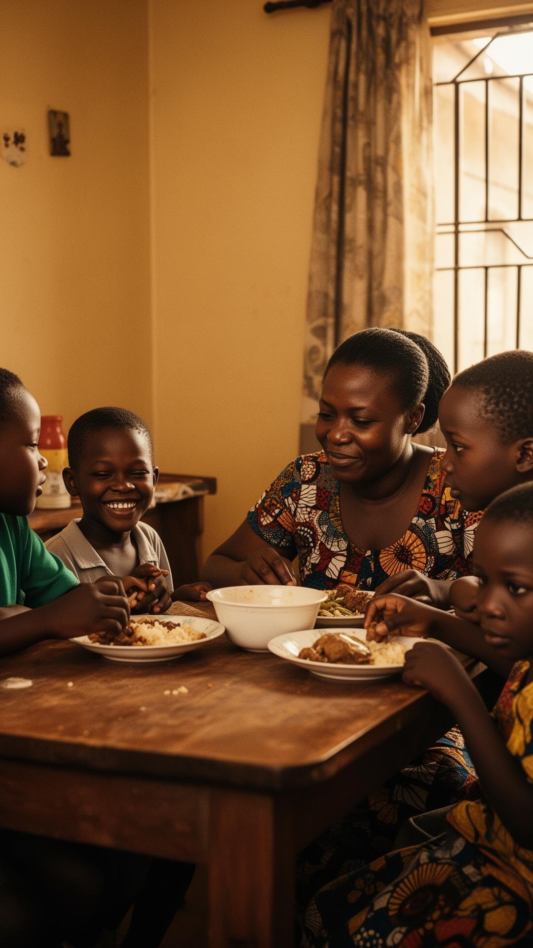 A caregiver and several children sharing a meal together around a wooden table in a warm domestic setting in Ghana.